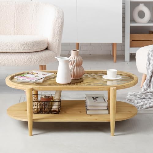 2-Tier Round Rattan Coffee Table with Tempered Glass Top and Wood Legs Y5215