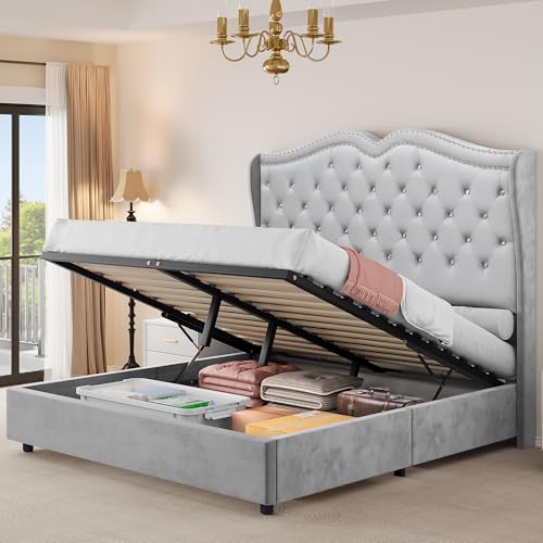 Queen Velvet Upholstered Storage Bed Frame with Headboard L461