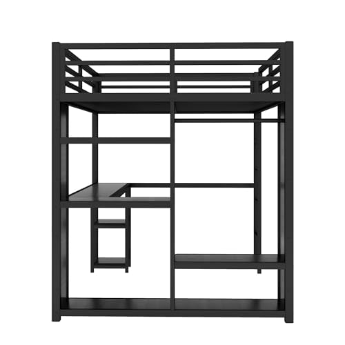 Queen Size Metal Loft Bed with Wardrobe and L-Shaped Desk H5173