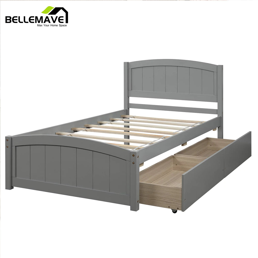 Twin Size Platform Bed Frame with Storage Drawer and Headboard G399
