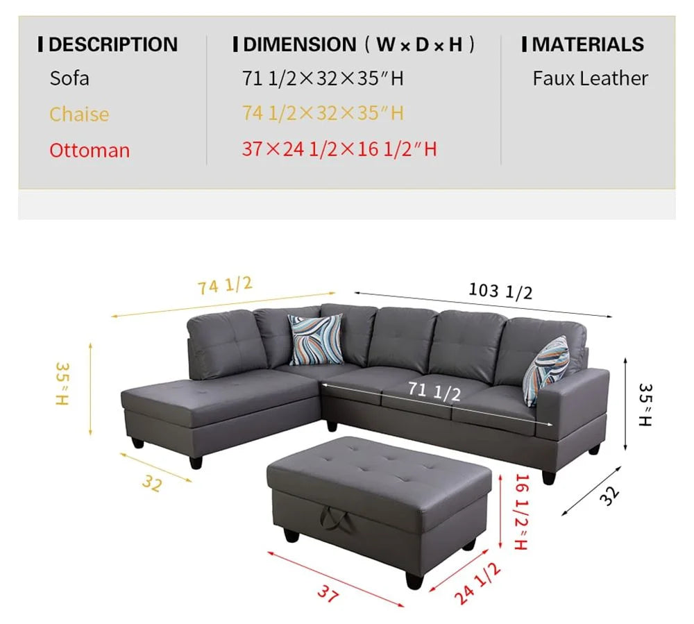 Dark Grey Faux Leather Sectional with Ottoman C396007