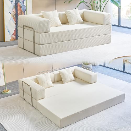 Foldable Sofa Bed, 81'' Folding Floor Couch, Compressed Convertable Sleeper Sofa, Memory Foam Couch with Pillow Back Support Armrest, 4-in-1 Futon Sofa Bed for Living Room, Black L6313