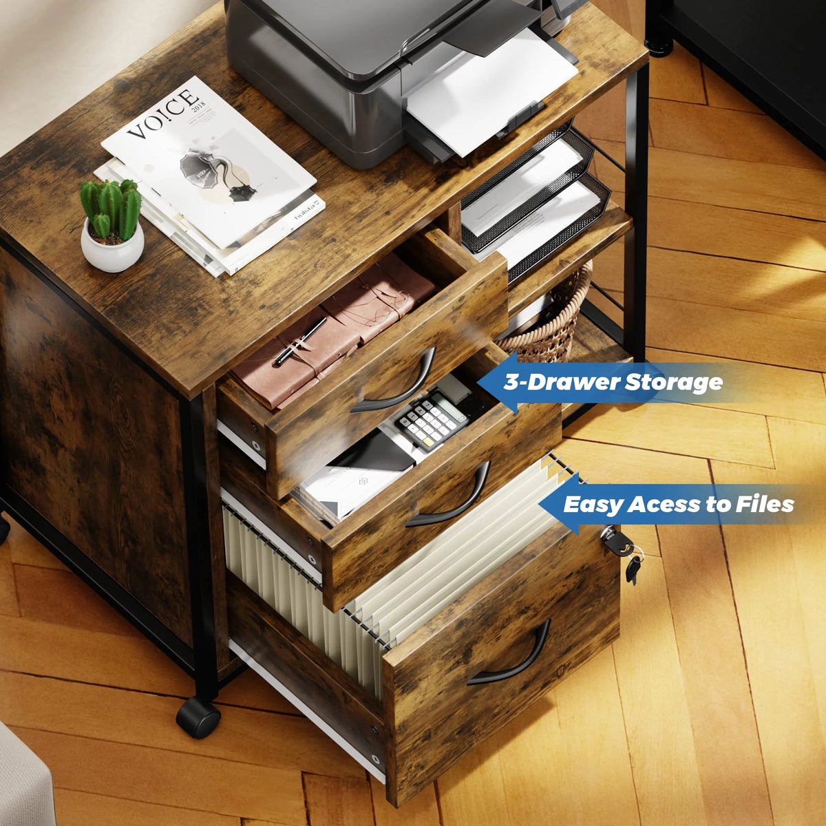 Brown 3 Drawer Wood File Cabinet with USB Charging Ports B742