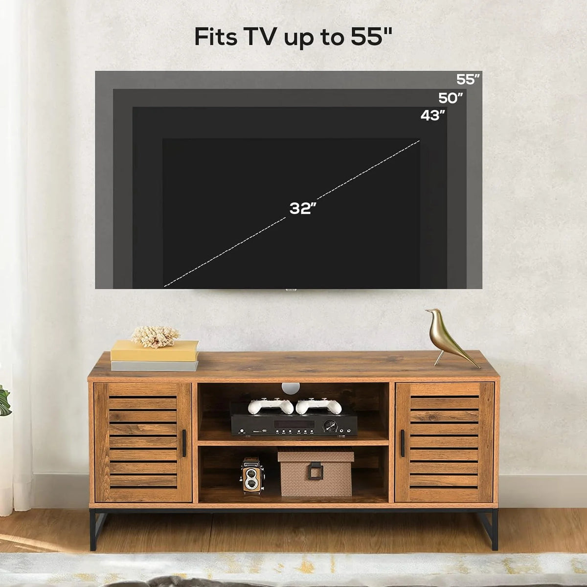 Mid-Century TV Console up to 55 Inch with Slatted Wood Doors B948