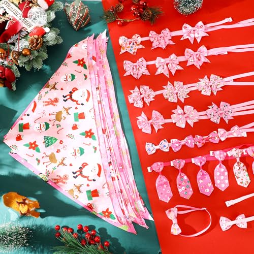 48 Pcs Pink Christmas Dog Bandanas Bow Collars and Ties Set X79997