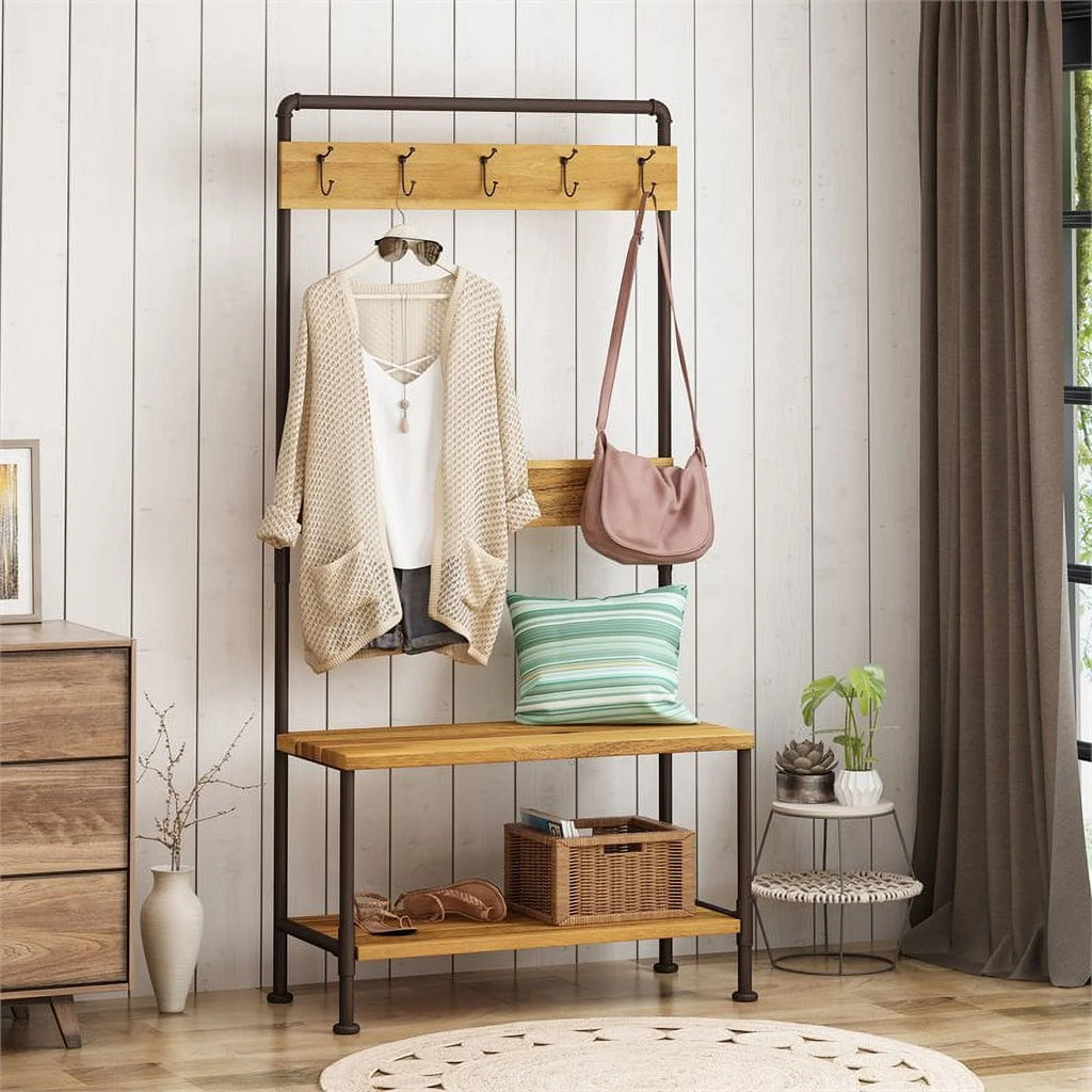Acacia Wood Bench with Shelf and Coat Hook C39513