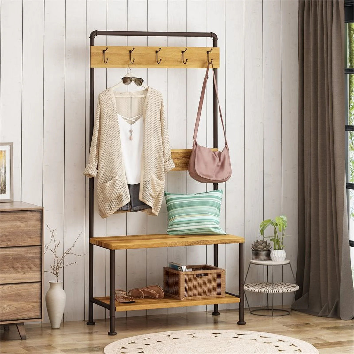 Acacia Wood Bench with Shelf and Coat Hook C39513