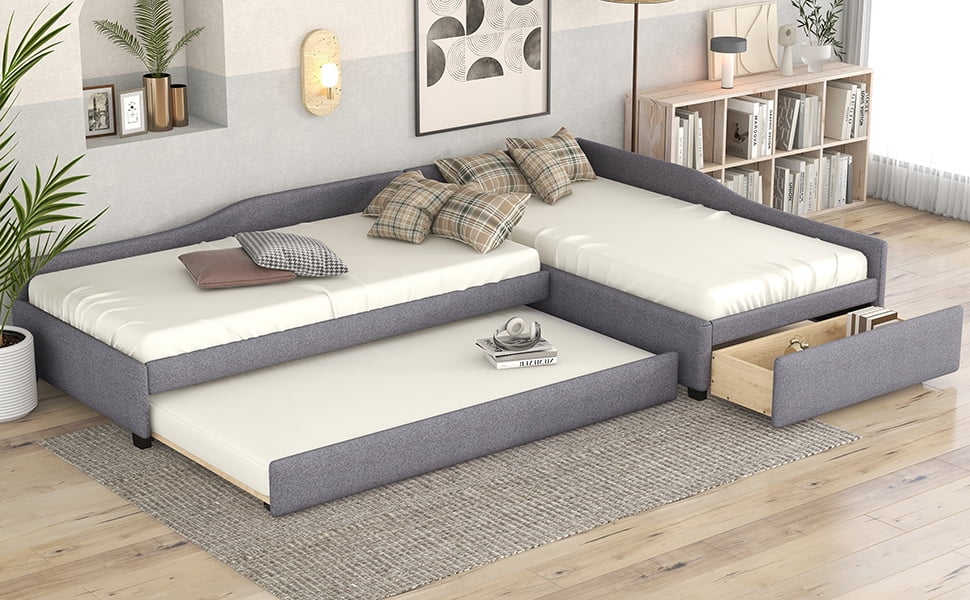 Gray Upholstered Double Twin Size Daybed with Trundle and Drawer K258842