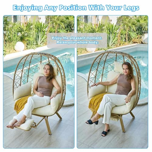 Oversized Beige Wicker Egg Chair with Cushion & Footrest N8200
