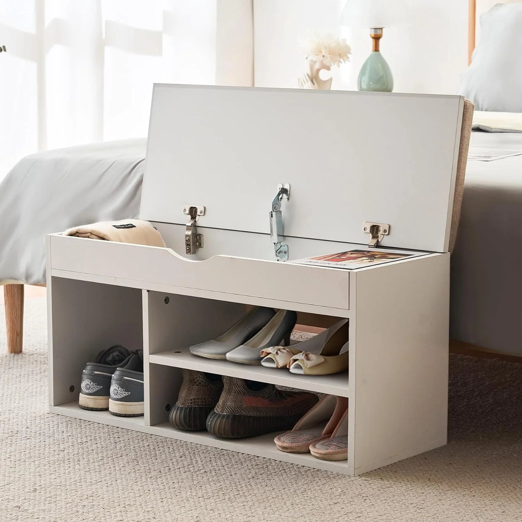 White Storage Bench with Flip Top Storage and Cushion D775