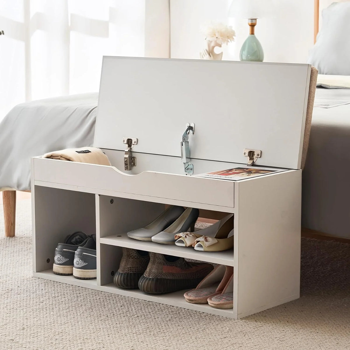 White Storage Bench with Flip Top Storage and Cushion D775