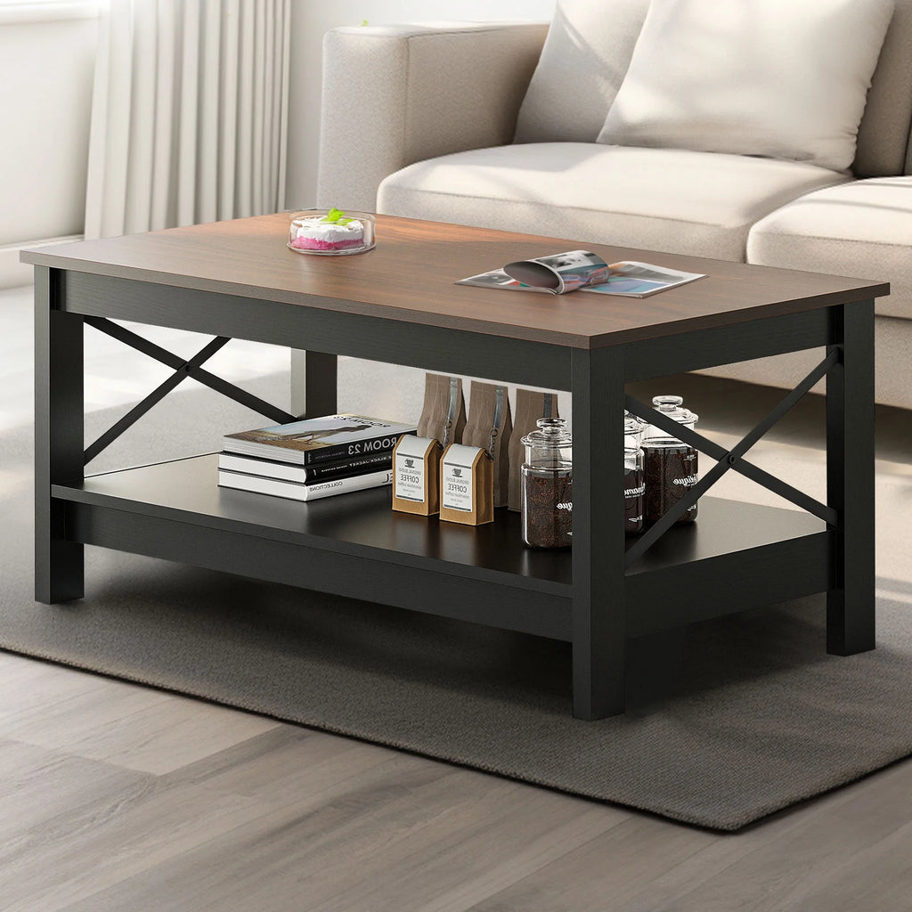 2-Tier Brown Coffee Table with Open Storage Shelf X4549