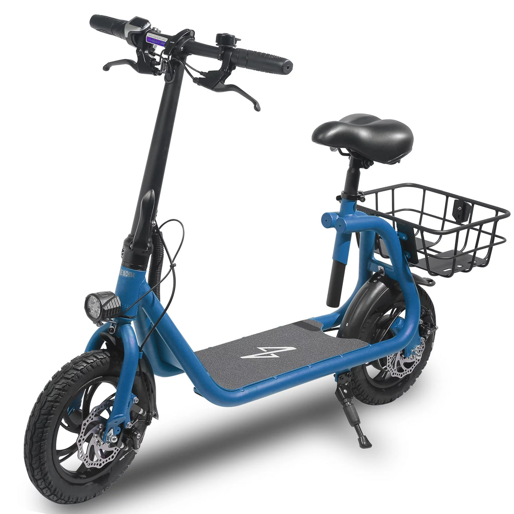 Blue Foldable Electric Scooter with Seat and Carry Basket H36444