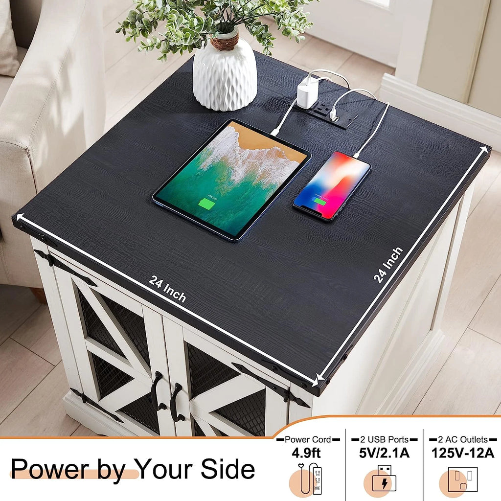 White Farmhouse End Table with Charging Station J999665