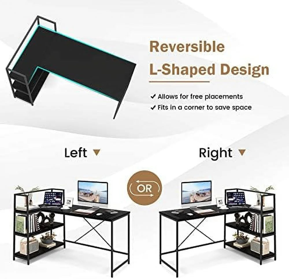 Reversible L-Shaped Corner Desk with 3-Tier Shelves I611602