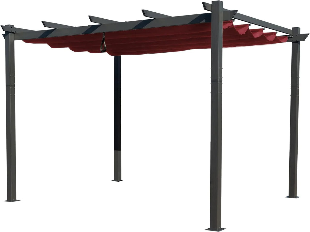 Extra-Large Gray Aluminum Frame Pergola with Sunshade Canopy 10' x 13' Burgundy J74822