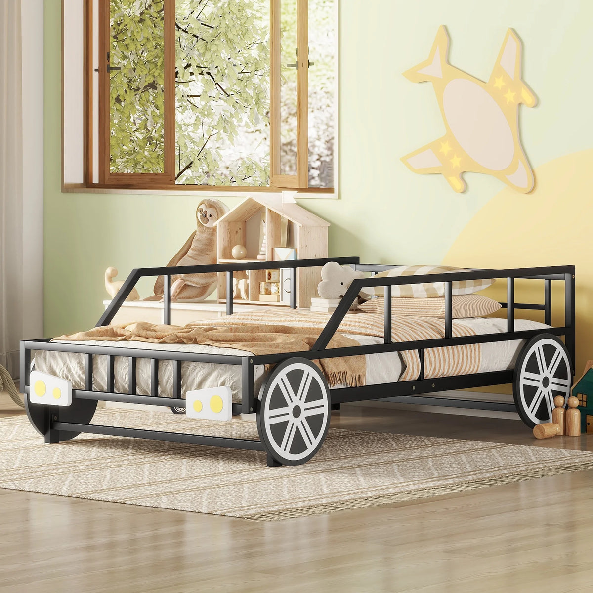 Twin Size Metal Bed Frame with Headboard and Guardrail B34078