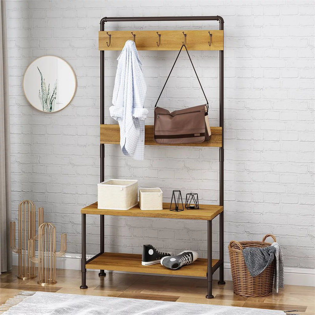 Acacia Wood Bench with Shelf and Coat Hook C39513