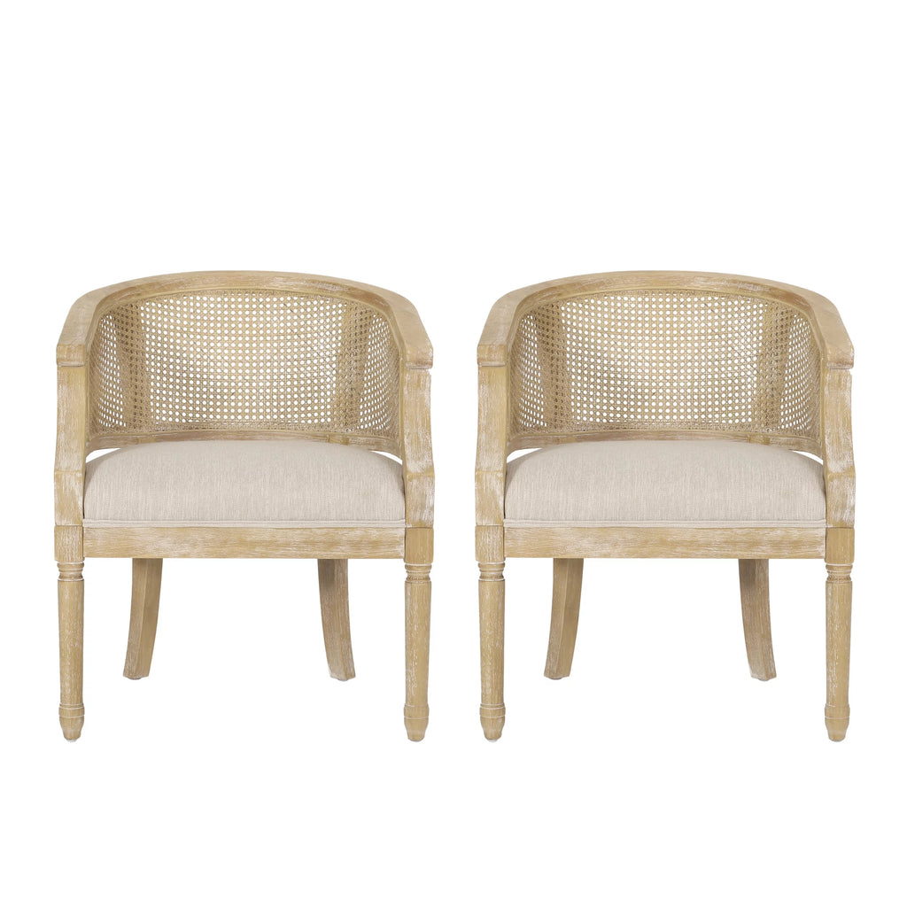 Fabric Upholstered Wood and Cane Accent Chairs, Set of 2 W444282