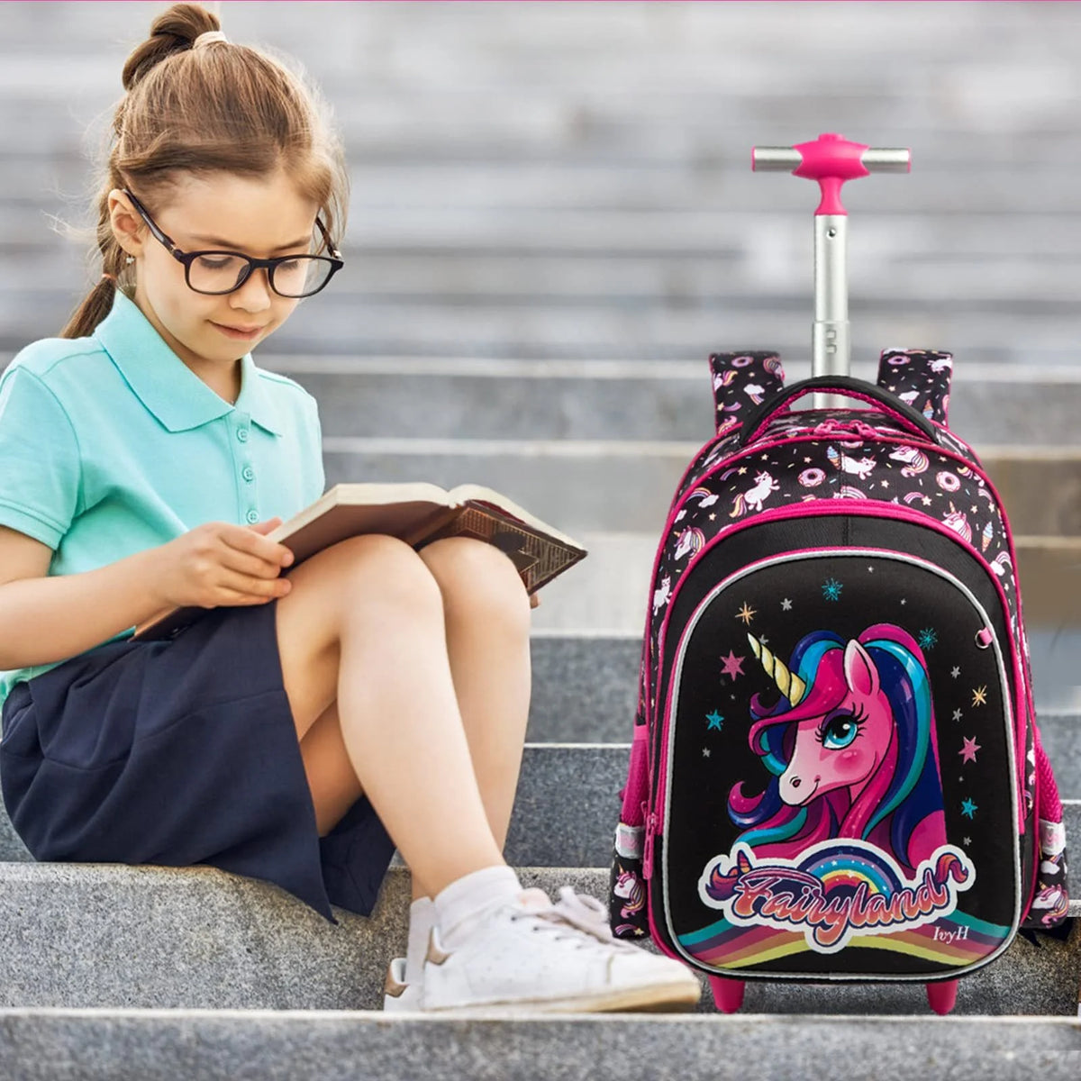 Black 3Pcs Rolling Backpack Set with Lunch Bag and Pencil Case R23710