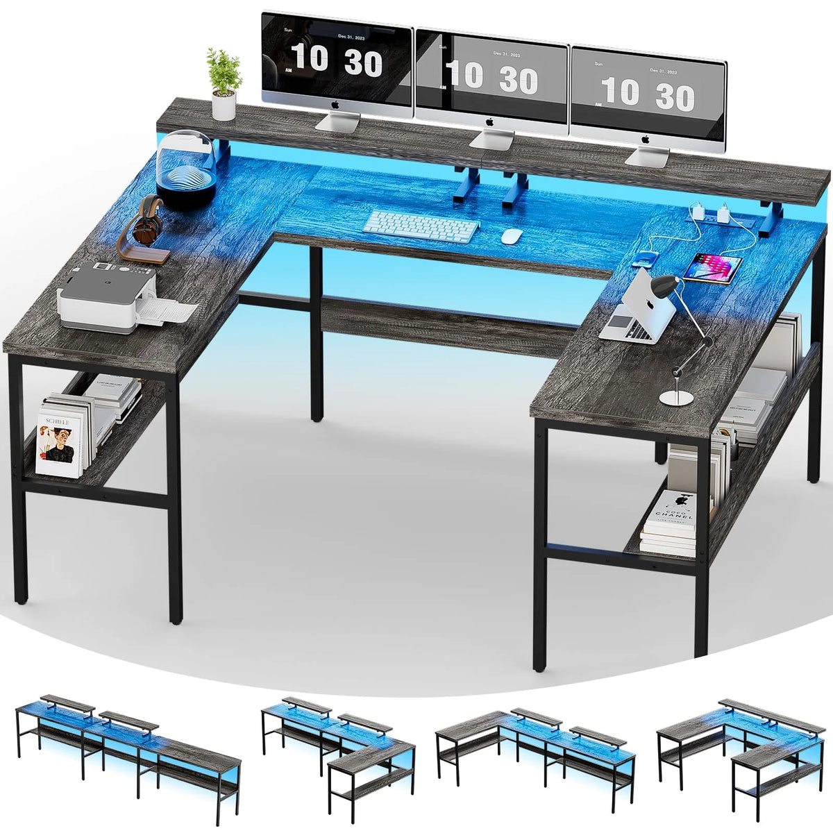 Black Oak U-Shaped Computer Desk with Power Outlets and LED Lights Q4863