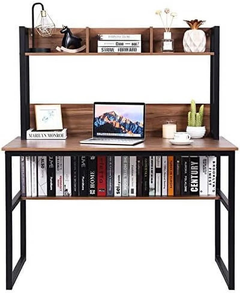 Light Walnut Computer Desk with Hutch and Bookshelves C797